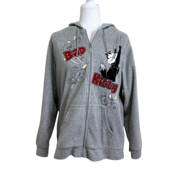 Looney Tunes Bad Kitty Women Zip-Up Hoodie Jacket Embroider Gray Vintage Size L - Picture 1 of 7